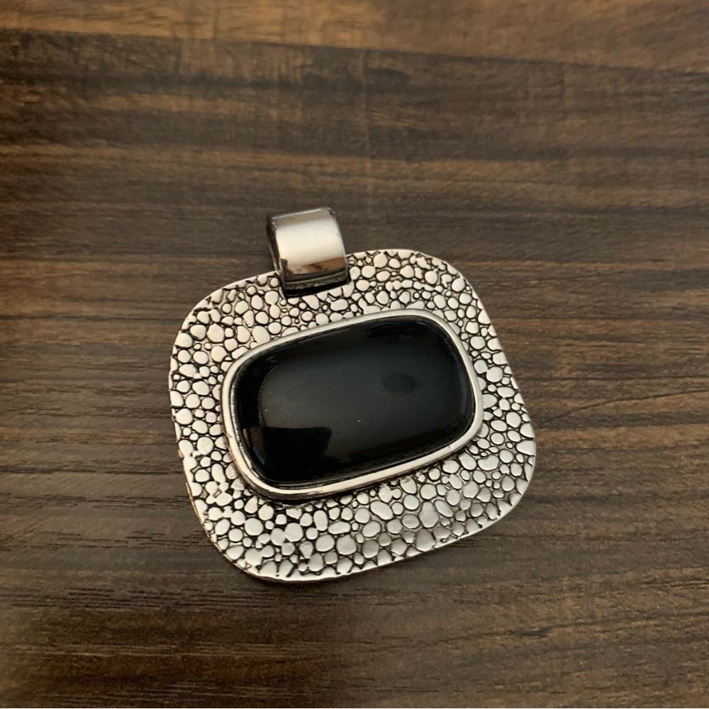 Silvertone Oblong Cushion Black Stone Slide Pendant